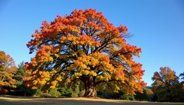 Majestic Autumn Tree with Vibrant Orange and Yellow Leaves against Clear Blue Sky photo