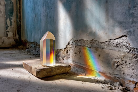 Crystal prism reflecting colorful rainbow light on rough concrete surface in abandoned room with textured wall photo