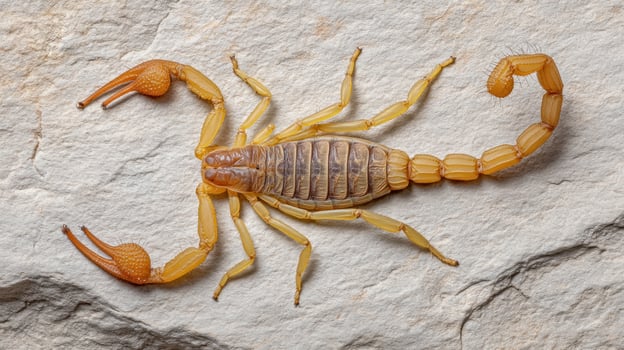 Yellow scorpion with large pincers resting on textured light stone surface, showing detailed body segments and curved tail photo