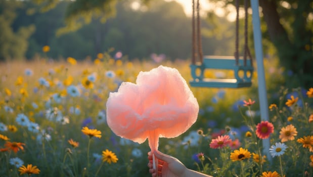 A person holding a fluffy pink cotton candy in a vibrant flower field during sunset with a swing photo