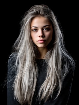 Young woman with long silver hair and natural makeup wearing black top posing against black background with calm expression photo