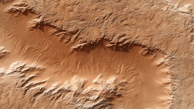 Aerial view of desert landscape with sand dunes and rocky terrain showing natural patterns and textures in warm brown tones photo