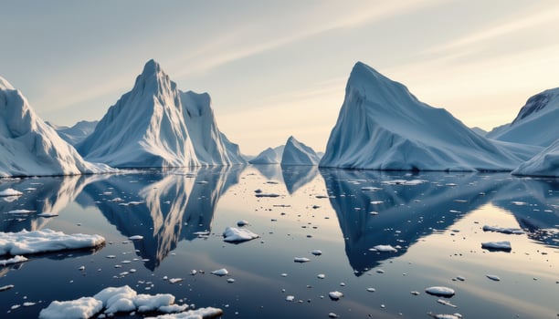 Majestic Icebergs Reflection in Calm Arctic Waters Under Soft Golden Sunrise Light photo
