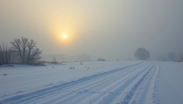 Serene Winter Landscape with Soft Sunlight Peeking Through Foggy Snowy Horizon photo