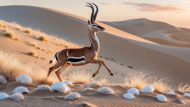 Antelope gracefully leaps across sandy dunes, surrounded by seashells under a sunset sky photo