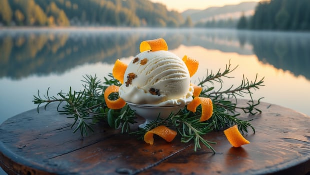 Creamy ice cream served with orange peels on a rustic wooden table by a serene lake at sunrise photo