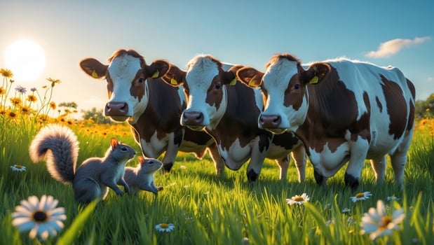 Three cows standing in a vibrant field with two squirrels in the foreground and a sunset backdrop photo