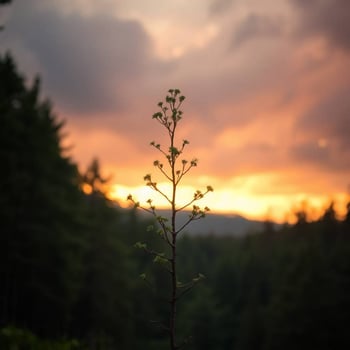 A plant in the foreground with a sunset in the background photo