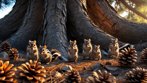 Group of five squirrels gathering around pine cones at the base of a large tree in a serene forest photo