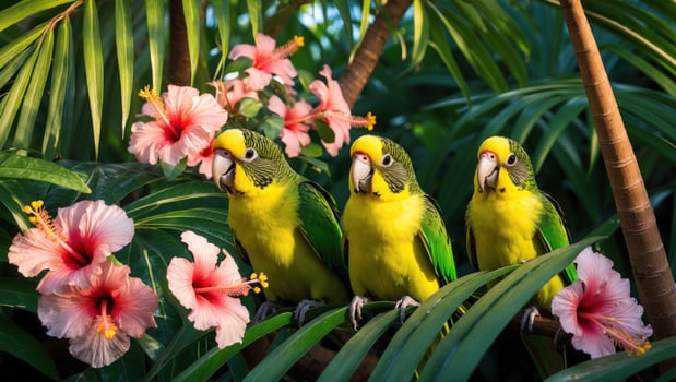 Three vibrant green parrots perched among tropical hibiscus flowers in a lush garden setting photo