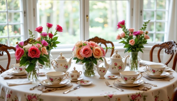 a tea table set with floral china and vases of roses and violets, fully arranged but completely uninhabited. photo