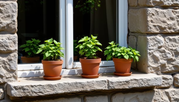a stone ledge beside a large window holding three potted plants in harmony, untouched and uninhabited. photo