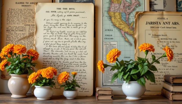a vintage study with fresh marigolds in ceramic pots placed beside old letters and maps. photo