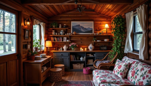 a cozy cabin interior with wooden shelves covered in floral accents, softly lit with absolutely no presence. photo