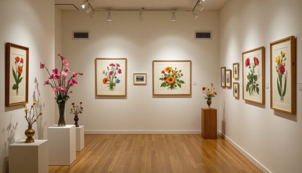 a softly lit gallery with pressed flowers framed in glass and botanical sculptures, completely uninhabited. photo