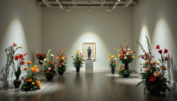 a dim room with spotlighted flower compositions arranged like sculptures, in silence and stillness. photo