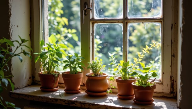 a rustic windowsill in a quiet room, lined with unique houseplants in handmade clay pots, bathed in sunlight with no creatures nearby. photo