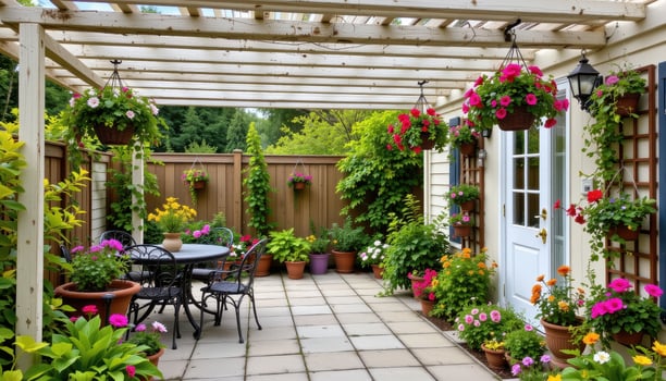 a garden patio with hanging flowering baskets and trellis walls, beautifully arranged and completely lifeless. photo