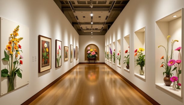 a hallway gallery filled with botanical flower art and real floral displays in niches, glowing with golden light and no living forms. photo