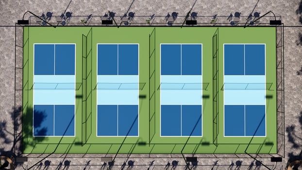erpendicular pickleball courts blue and green color facility top view photo
