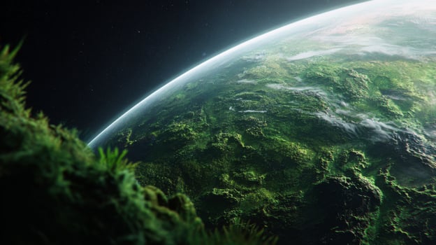 Detailed view of a vibrant planet surface showing green lush vegetation, blue atmosphere, and dark starry space backdrop photo
