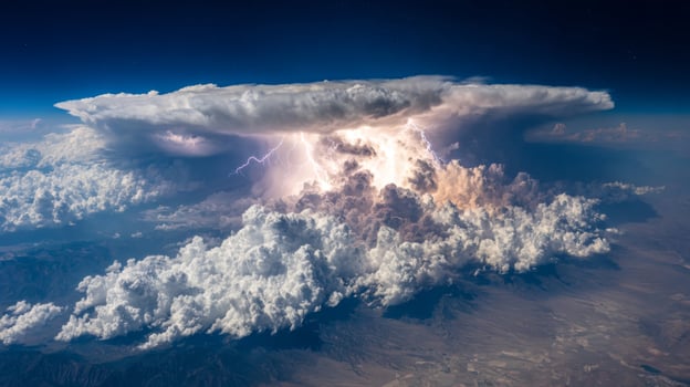 Formation of a Dramatic Thunderstorm over Mountainous Terrain Captured from Above with Lightning Illuminating the Clouds photo