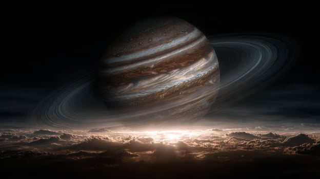 Majestic view of Jupiter with swirling clouds and vibrant rings illuminated by the distant sun in cosmic space setting photo