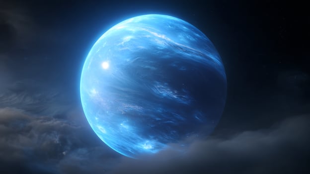 Stunning Blue Planet Surrounded by Dark Cosmic Clouds in a Vast Universe Emphasizing the Beauty of Outer Space photo
