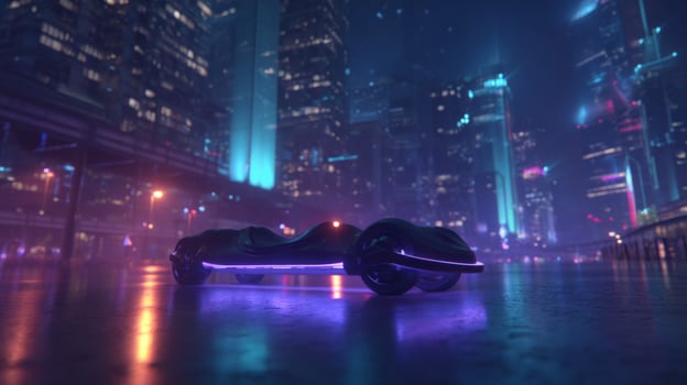 Futuristic vehicle in neon-lit cityscape at night, showcasing advanced technology and vibrant colors under a rainy atmosphere photo