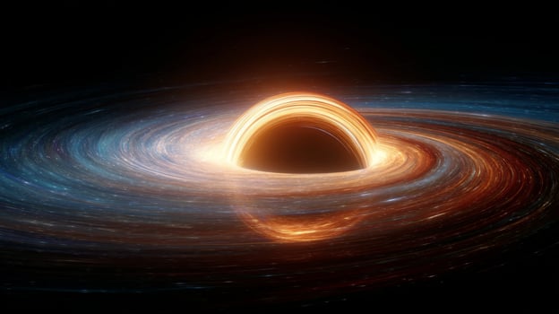 Cosmic Phenomenon of Black Hole Surrounded by Glowing Accretion Disk and Spiraling Gas in Vast Universe photo