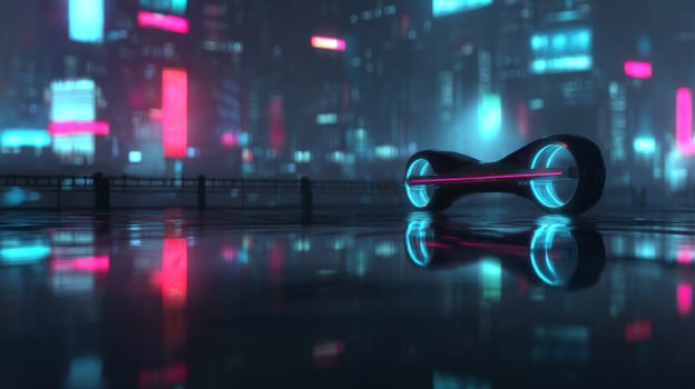 Futuristic hoverboard on reflective street in neon city illuminated by colorful lights at night photo
