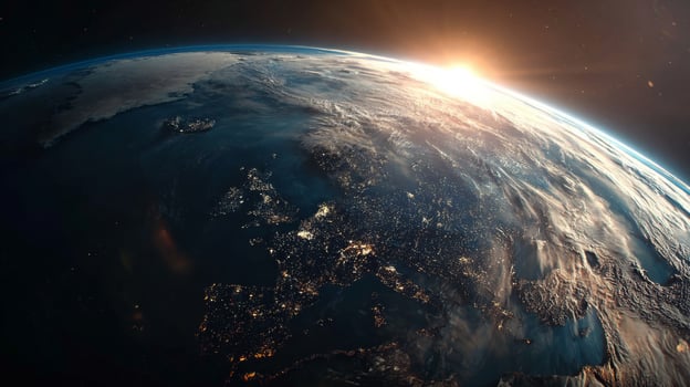 Stunning View of Earth from Space Capturing Europe at Night with a Glorious Sunrise on the Horizon Above the Atmosphere photo