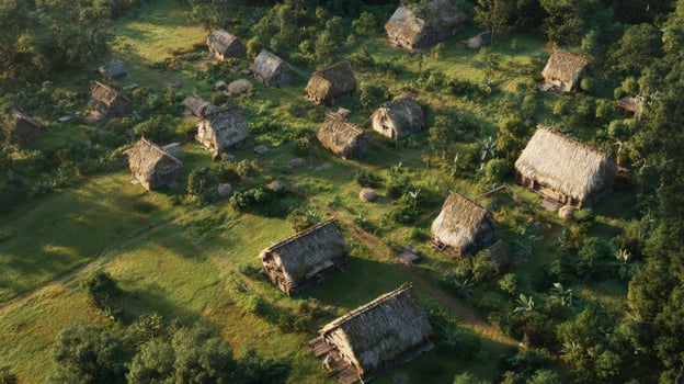Aerial View of Traditional Village Surrounded by Lush Greenery and Natural Landscape in a Serene Environment photo