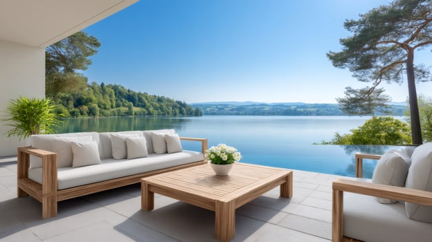 Modern infinity pool overlooking tranquil lake with patio furniture photo