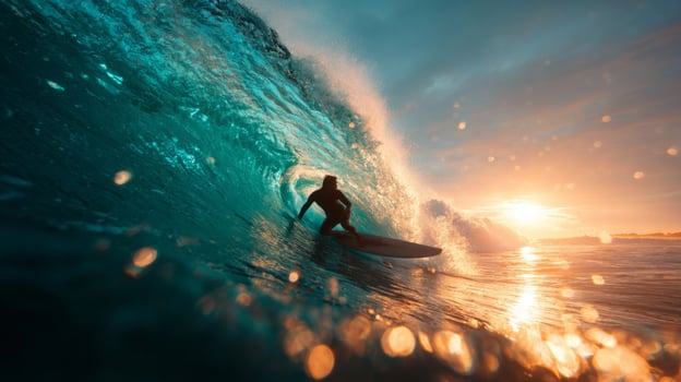 Surfer Riding a Wave at Sunset with Vibrant Colors and Dramatic Light Reflections in Ocean Water photo