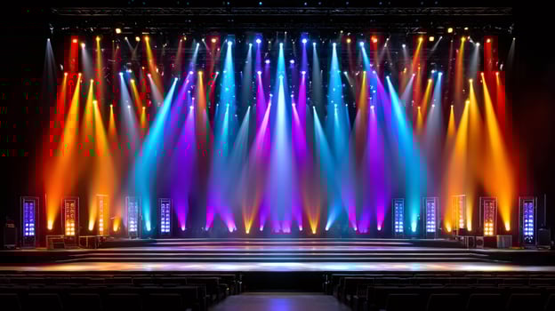 Colorful stage lights illuminating empty auditorium getting ready for show photo