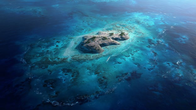 Aerial View of a Serene Tropical Island Surrounded by Crystal Clear Blue Ocean Waters and Vibrant Coral Reefs photo