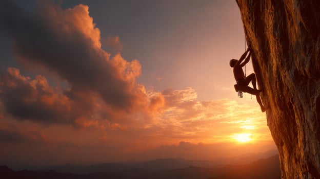Adventurous climber scaling rocky cliff at sunset with vibrant clouds and serene landscape in the backdrop photo