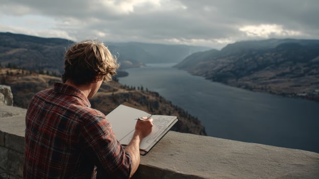 Individual Sketching Nature Landscape with Scenic View of River and Mountains under Dramatic Clouds in the Background photo