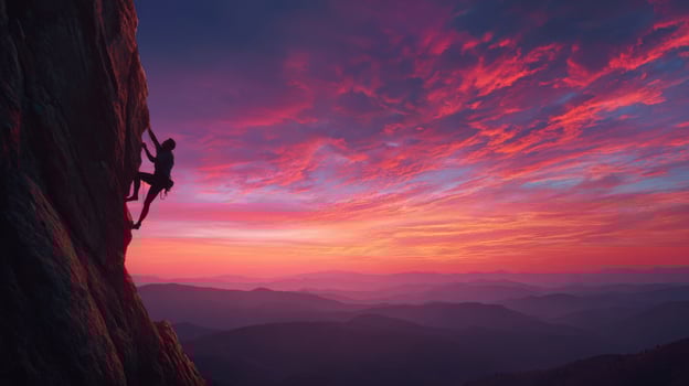 Climber Conquering Rocky Summit Under Vibrant Sunset Sky with Colorful Clouds and Majestic Mountain View photo