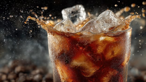 Refreshing ice cubes splashing into glass of cola photo