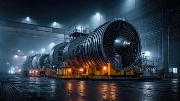 Giant turbine resting on a platform in industrial building at night photo