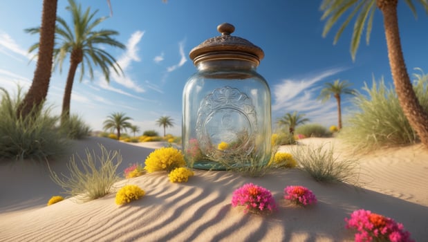 Glass jar surrounded by vibrant flowers in a sandy desert landscape under a blue sky photo