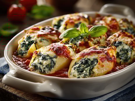 Jumbo pasta shells stuffed with spinach and ricotta, resting on tomato sauce and basil leaf photo