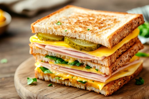 Toasted sandwich showing layers of ham, cheese, pickles and mustard on wooden board photo