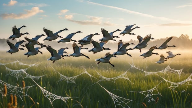 Flock of Geese Flying Over Misty Wetlands at Sunrise with Spiderwebs Glimmering in the Background photo
