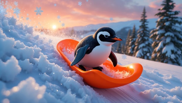 A playful penguin sliding down a snowy slope on a bright orange sled during a vibrant sunset photo