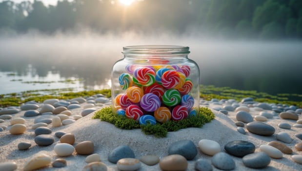Colorful swirled lollipops in a glass jar on a sandy shore by a misty lake during sunrise photo