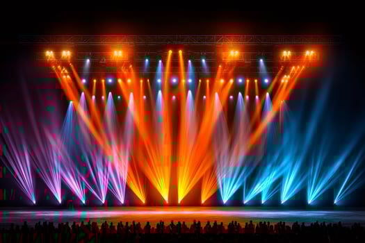 Colorful stage lights illuminating empty stage with audience waiting for show to begin photo