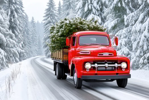 Red vintage truck carrying christmas tree on snowy road photo